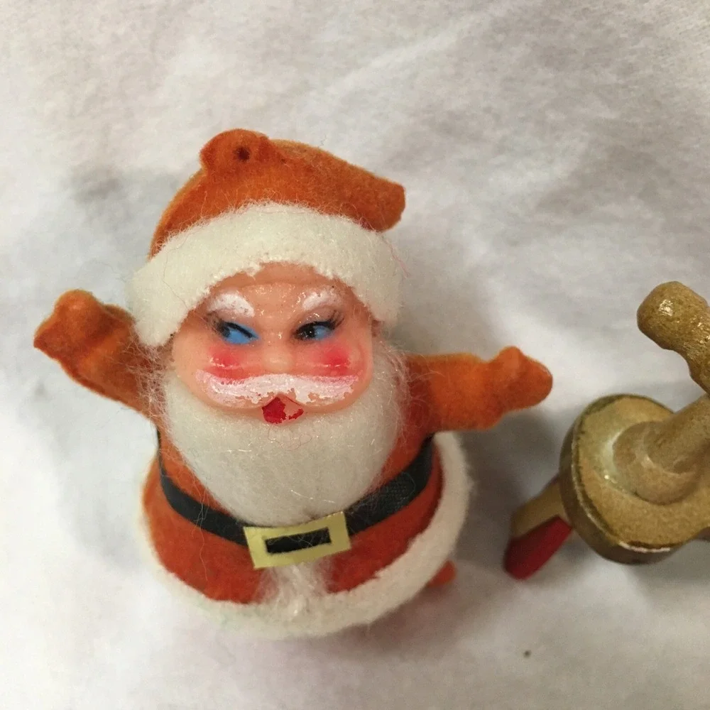 Vintage Flocked Santa Hard Plastic and Wooden Scooter Christmas Ornaments RETRO